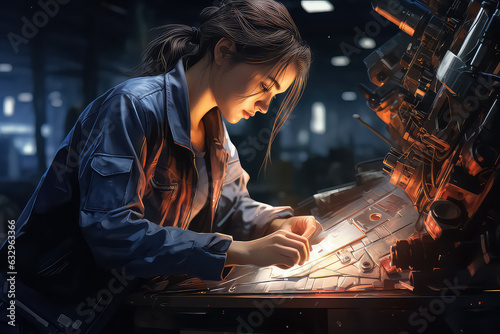 A female worker operates a lathe for drilling components at a metal lathe factory