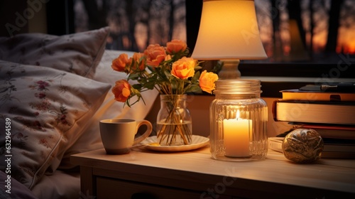 lamp  and candle on a bed room , ai generative © nataliya_ua