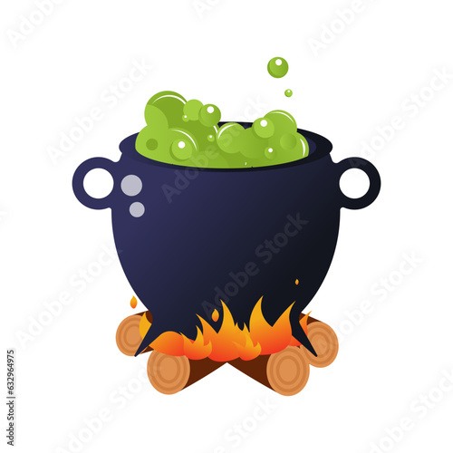 Halloween cauldron with a green potion boiling inside. Cauldron with a magic potion on wood.Vector illustration.