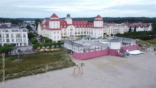 Aerial drone view - Beach in the Baltic resort of Binz shortly after sunrise, on the horizon the Kurhaus Binz, pier, Ruegen Island, Mecklenburg-Western Pomerania, Germany, Europe