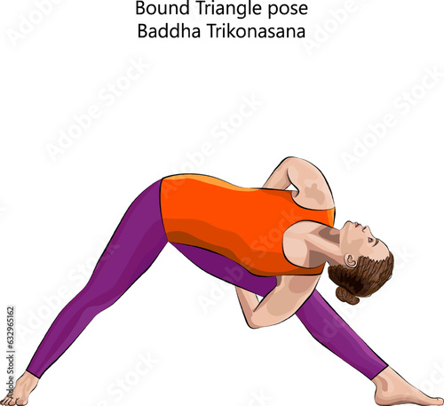 Young woman practicing yoga exercise, doing Bound Triangle posture. Baddha Trikonasana. Standing and Lateral Bend. Intermediate. Isolated vector illustration.
