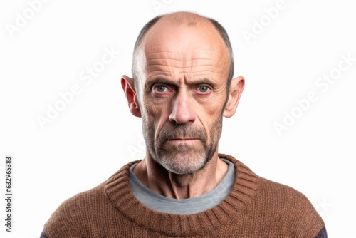 Group portrait photography of a man in his 40s with furrowed brows and a tense expression due to hypertension wearing a cozy sweater against a white background 