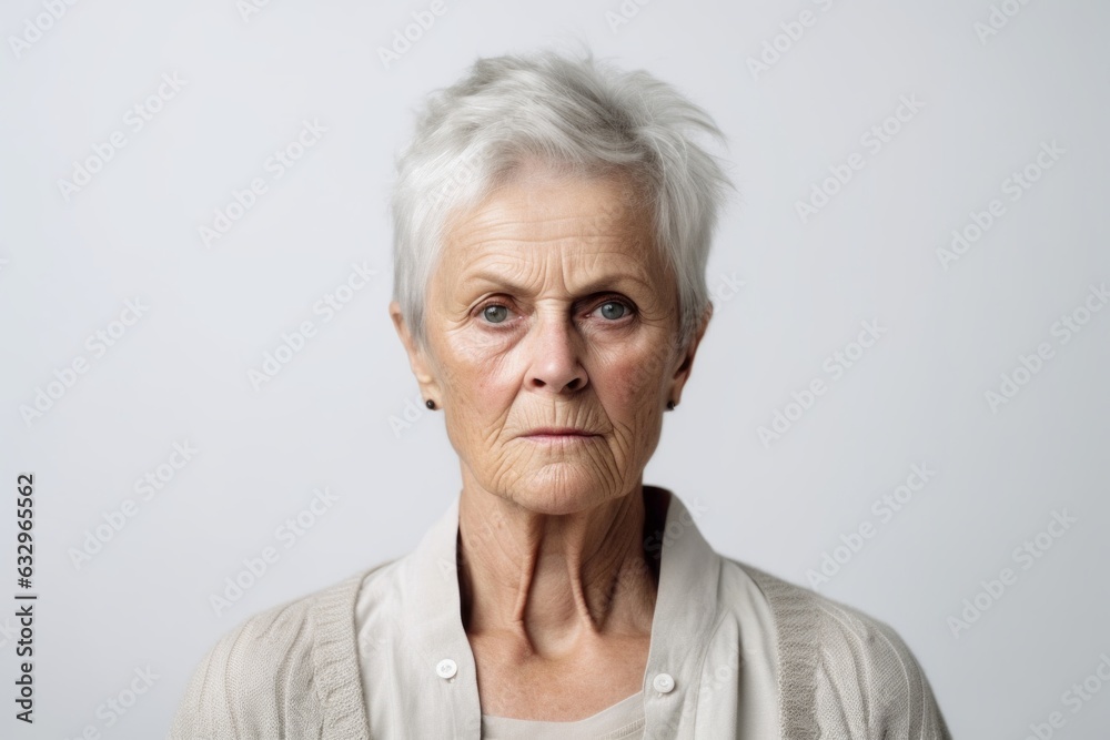 Medium shot portrait photography of a woman in her 60s with furrowed brows and a tense expression due to hypertension wearing a chic cardigan against a white background Medium shot portrait photography of a woman in her 60s with furrowed brows and a tense expression due to hypertension wearing a chic cardigan against a white background