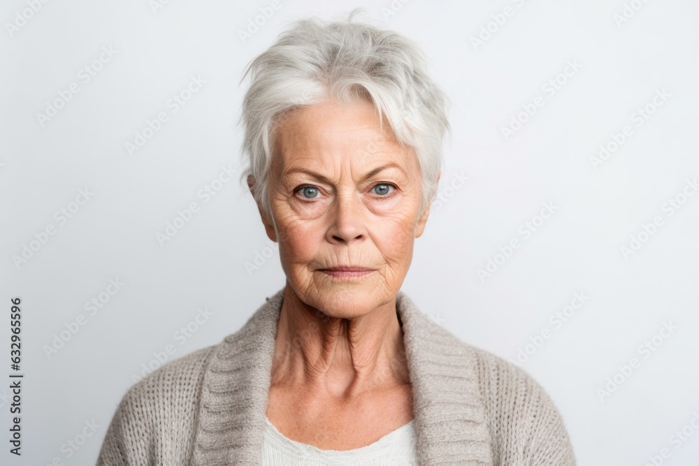 Medium shot portrait photography of a woman in her 60s with furrowed brows and a tense expression due to hypertension wearing a chic cardigan against a white background Medium shot portrait photography of a woman in her 60s with furrowed brows and a tense expression due to hypertension wearing a chic cardigan against a white background
