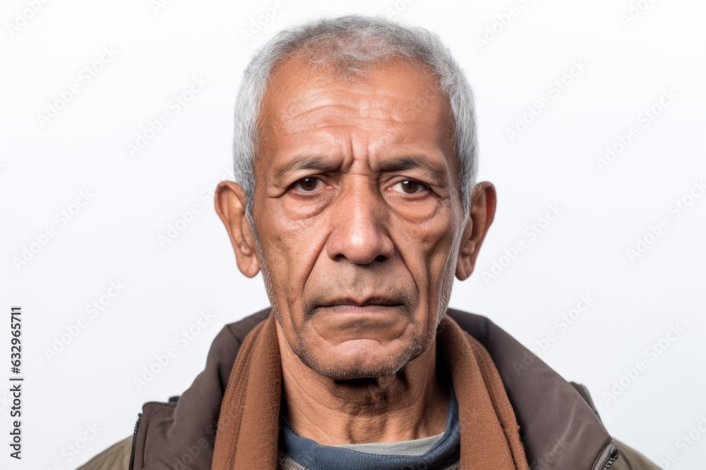 Lifestyle portrait photography of a man in his 60s with furrowed brows and a tense expression due to hypertension wearing hijab against a white background Lifestyle portrait photography of a man in his 60s with furrowed brows and a tense expression due to hypertension wearing hijab against a white background