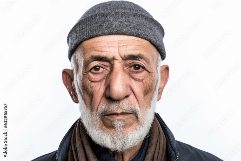 Lifestyle portrait photography of a man in his 60s with furrowed brows and a tense expression due to hypertension wearing hijab against a white background Lifestyle portrait photography of a man in his 60s with furrowed brows and a tense expression due to hypertension wearing hijab against a white background