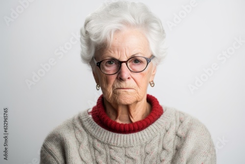 Group portrait photography of a woman in her 80s with furrowed brows and a tense expression due to hypertension wearing a cozy sweater against a white background 