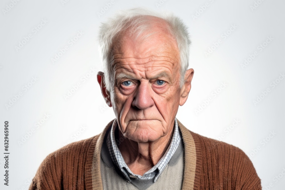 Medium shot portrait photography of a man in his 80s with furrowed brows and a tense expression due to hypertension wearing a chic cardigan against a white background Medium shot portrait photography of a man in his 80s with furrowed brows and a tense expression due to hypertension wearing a chic cardigan against a white background