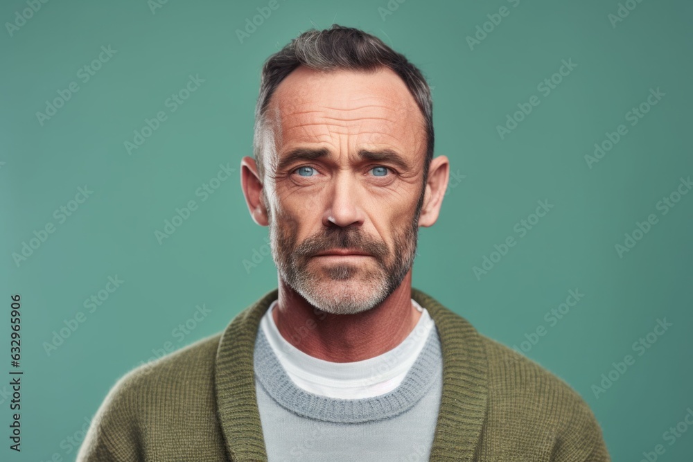 Obraz premium Close-up portrait photography of a man in his 40s with furrowed brows and a tense expression due to hypertension wearing a chic cardigan against a pastel or soft colors background 