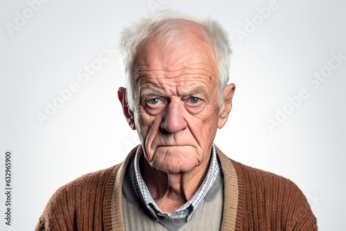 Medium shot portrait photography of a man in his 80s with furrowed brows and a tense expression due to hypertension wearing a chic cardigan against a white background 