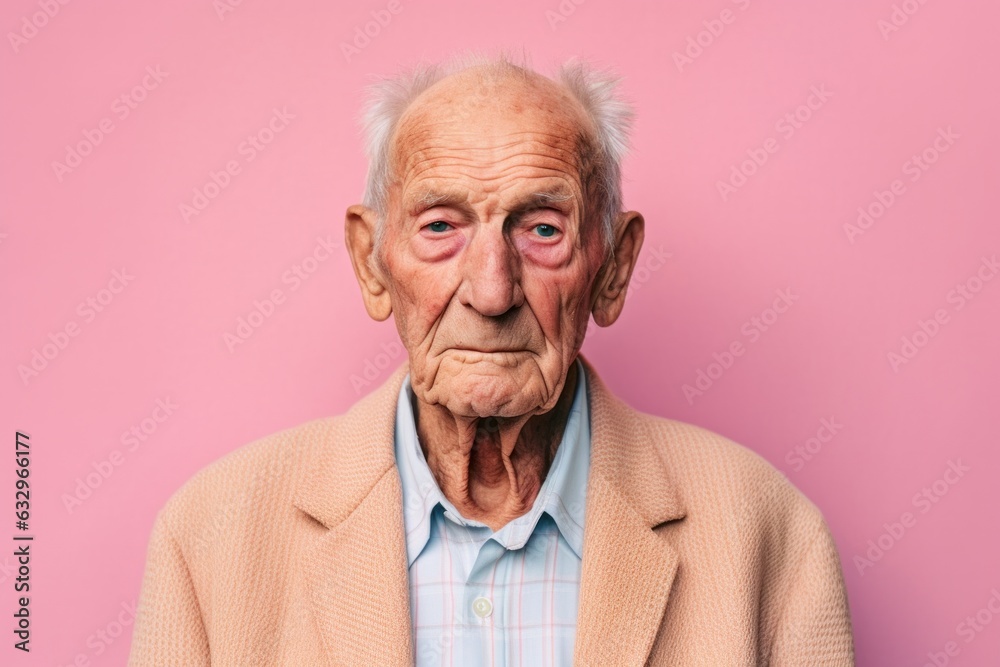 Obraz premium Headshot portrait photography of a man in his 90s with furrowed brows and a tense expression due to hypertension wearing a chic cardigan against a pastel or soft colors background 