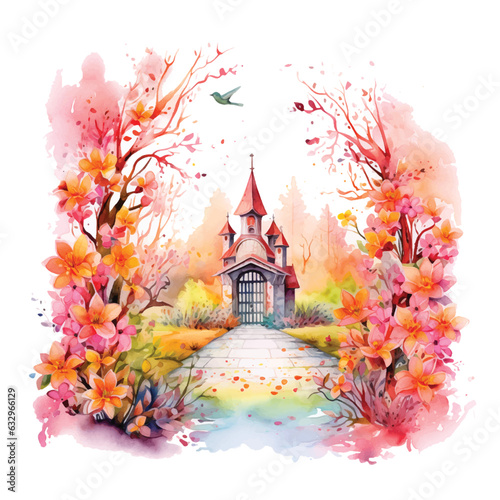 Small castle surrounded by flowers in nature watercolor paint.