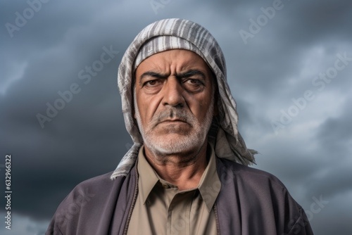 Group portrait photography of a man in his 50s with furrowed brows and a tense expression due to hypertension wearing hijab against a sky and clouds background 
