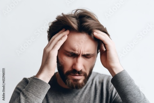 Medium shot portrait photography of a man in his 30s pressing his temple due to a migraine wearing a chic cardigan against a white background 