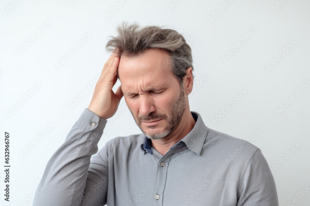 Medium shot portrait photography of a man in his 40s pressing his temple due to a migraine wearing a chic cardigan against a white background Medium shot portrait photography of a man in his 40s pressing his temple due to a migraine wearing a chic cardigan against a white background