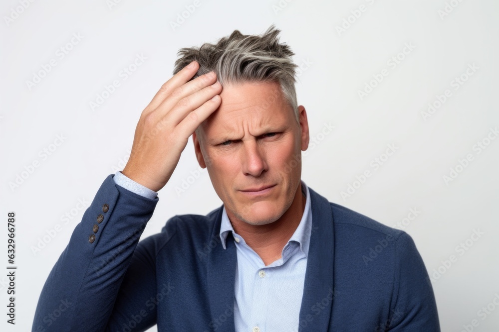 Medium shot portrait photography of a man in his 40s pressing his temple due to a migraine wearing a chic cardigan against a white background Medium shot portrait photography of a man in his 40s pressing his temple due to a migraine wearing a chic cardigan against a white background