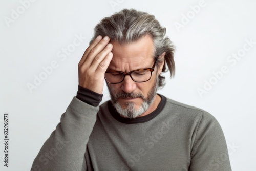 Medium shot portrait photography of a man in his 40s pressing his temple due to a migraine wearing a chic cardigan against a white background  photo