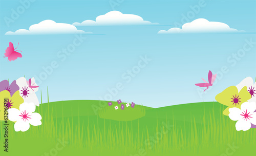 Vector landscape spring background with flowers.