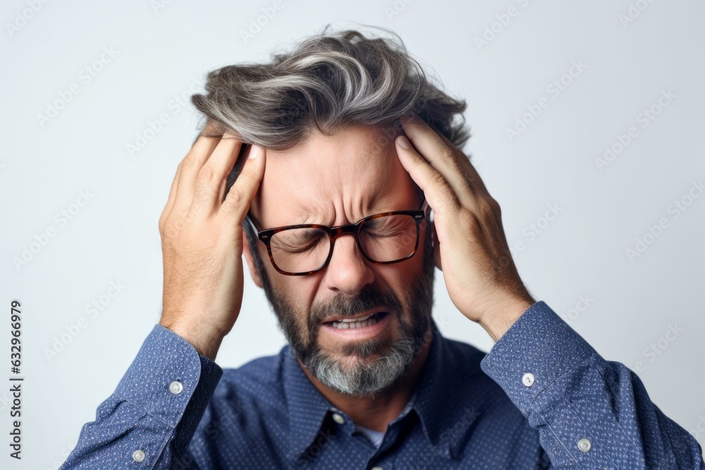 Medium shot portrait photography of a man in his 40s pressing his temple due to a migraine wearing a foulard against a white background 