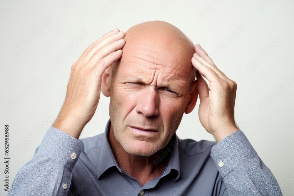 Medium shot portrait photography of a man in his 40s pressing his temple due to a migraine wearing a foulard against a white background Medium shot portrait photography of a man in his 40s pressing his temple due to a migraine wearing a foulard against a white background