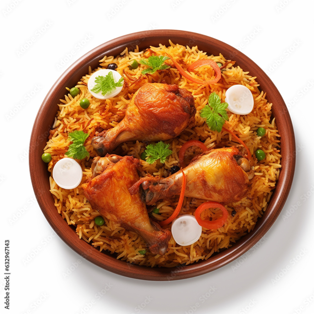 Fototapeta premium Dum chicken biriyani, close up image of Kerala-Thalassery biriyani which is mixed with masala arranged in a copper serving bowl and garnished with lemon slices placed on graphite texture.