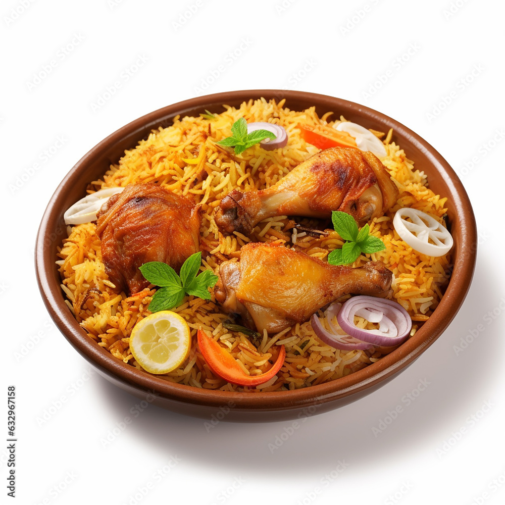 Fototapeta premium Dum chicken biriyani, close up image of Kerala-Thalassery biriyani which is mixed with masala arranged in a copper serving bowl and garnished with lemon slices placed on graphite texture.
