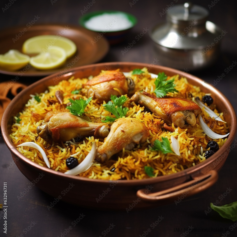 Dum chicken biriyani, close up image of Kerala-Thalassery biriyani which is mixed with masala arranged in a copper serving bowl and garnished with lemon slices placed on graphite texture. Dum chicken biriyani, close up image of Kerala-Thalassery biriyani which is mixed with masala arranged in a copper serving bowl and garnished with lemon slices placed on graphite texture.