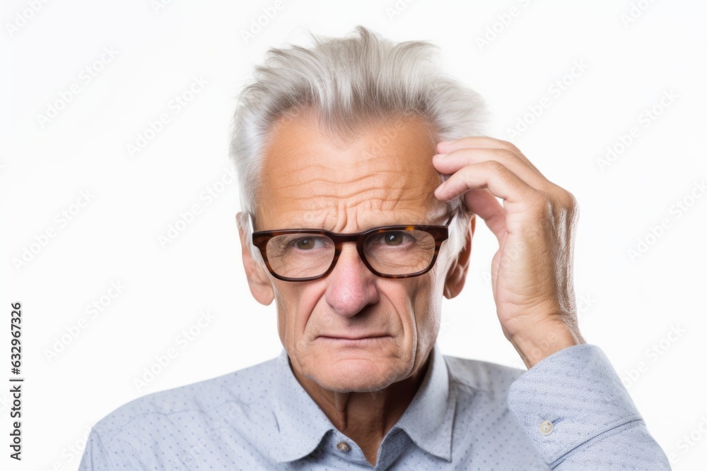 Group portrait photography of a man in his 60s pressing his temple due to a migraine wearing a chic cardigan against a white background 