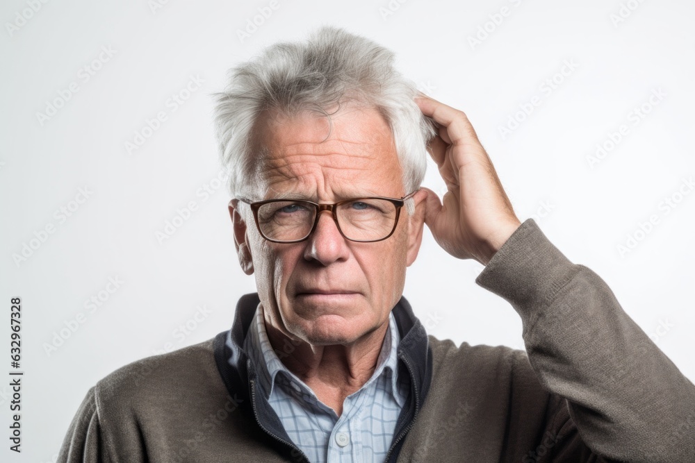 Group portrait photography of a man in his 60s pressing his temple due to a migraine wearing a chic cardigan against a white background Group portrait photography of a man in his 60s pressing his temple due to a migraine wearing a chic cardigan against a white background