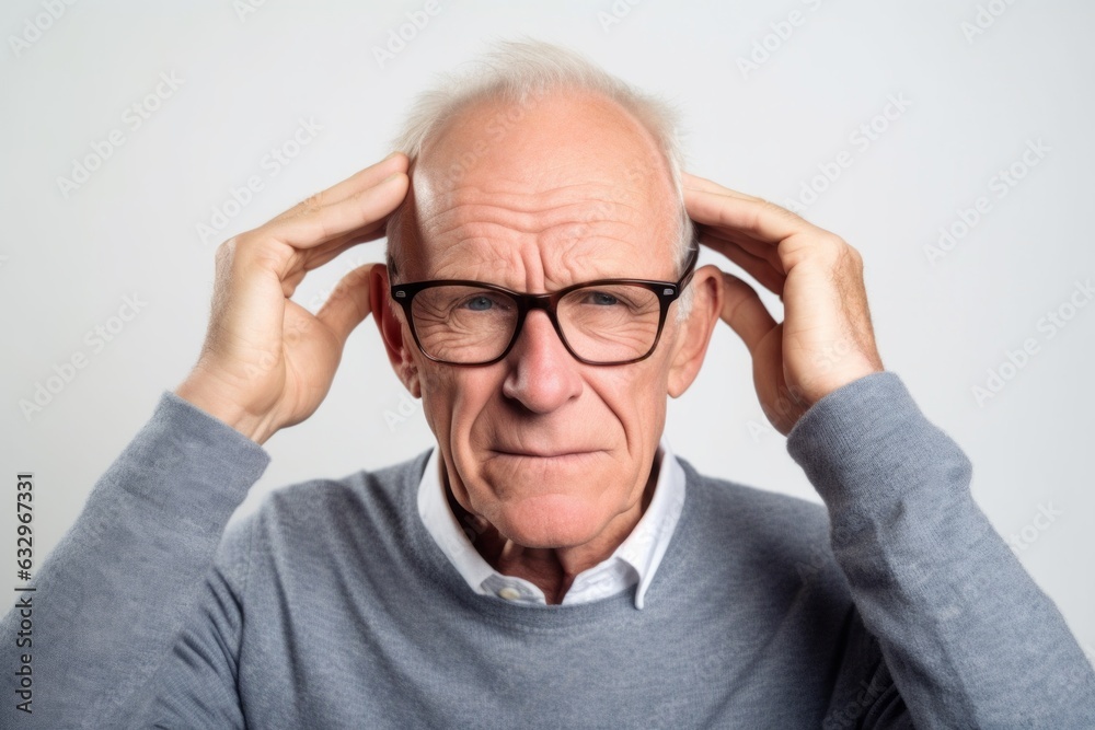 Medium shot portrait photography of a man in his 60s pressing his temple due to a migraine wearing a chic cardigan against a white background Medium shot portrait photography of a man in his 60s pressing his temple due to a migraine wearing a chic cardigan against a white background