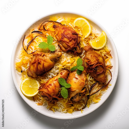 Dum chicken biriyani, close up image of Kerala-Thalassery biriyani which is mixed with masala arranged in a copper serving bowl and garnished with lemon slices placed on graphite texture. photo