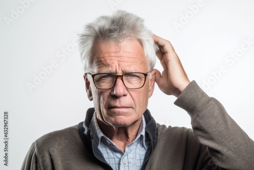Group portrait photography of a man in his 60s pressing his temple due to a migraine wearing a chic cardigan against a white background 