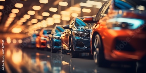 Abstract background of blurred new cars dealership place Generative AI photo