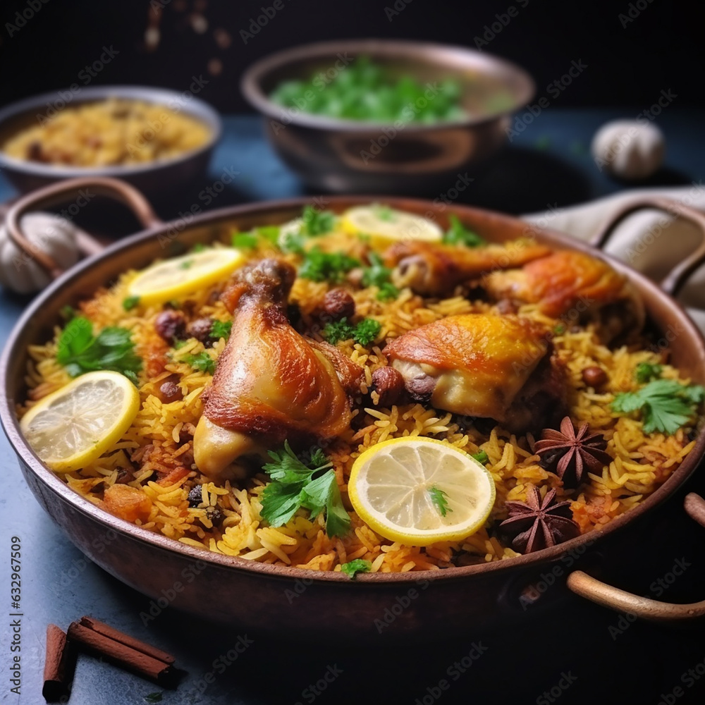 Dum chicken biriyani, close up image of Kerala-Thalassery biriyani which is mixed with masala arranged in a copper serving bowl and garnished with lemon slices placed on graphite texture. Dum chicken biriyani, close up image of Kerala-Thalassery biriyani which is mixed with masala arranged in a copper serving bowl and garnished with lemon slices placed on graphite texture.