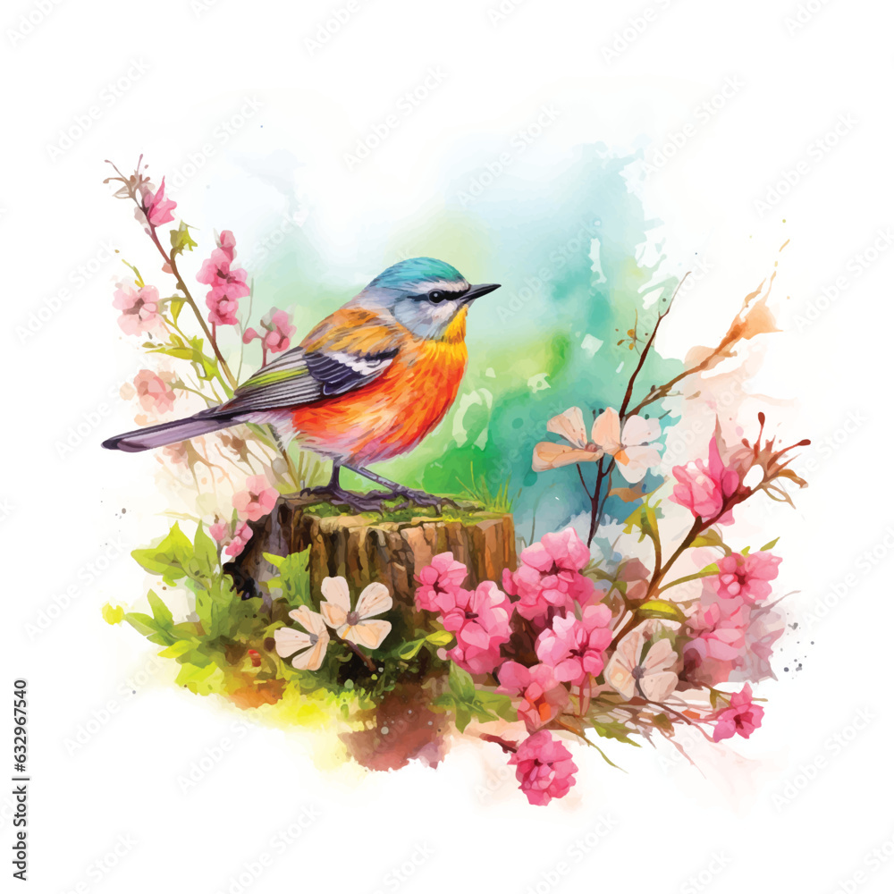Bird standing on a tree stump surrounded by flowers watercolor paint.