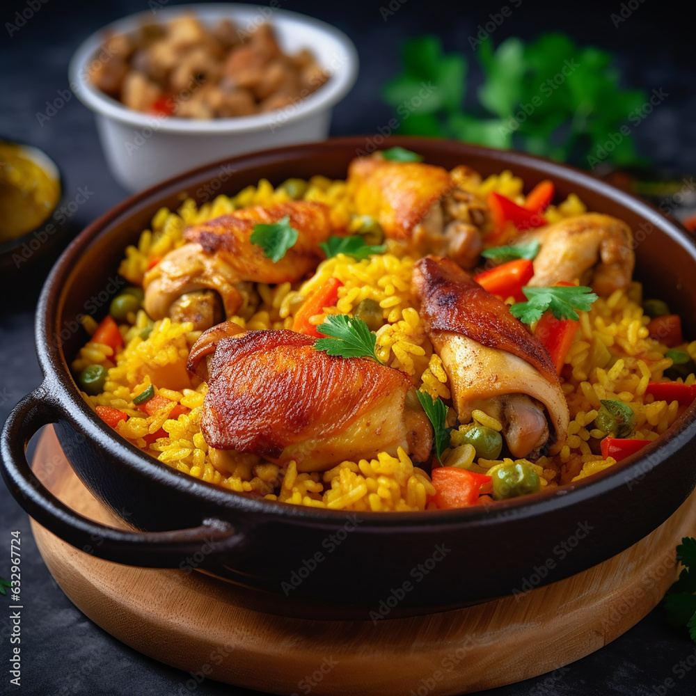 Dum chicken biriyani, close up image of Kerala-Thalassery biriyani which is mixed with masala arranged in a copper serving bowl and garnished with lemon slices placed on graphite texture.