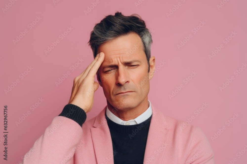 Medium shot portrait photography of a man in his 40s pressing his temple due to a migraine wearing a chic cardigan against a pastel or soft colors background 
