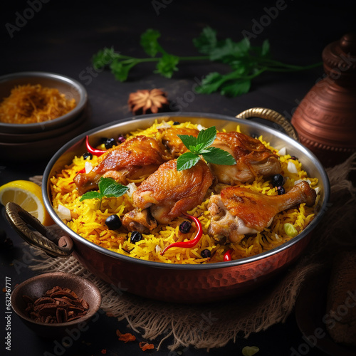 Dum chicken biriyani, close up image of Kerala-Thalassery biriyani which is mixed with masala arranged in a copper serving bowl and garnished with lemon slices placed on graphite texture. photo