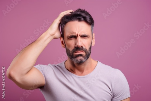 Group portrait photography of a man in his 30s pressing his temple due to a migraine wearing a sporty tank top against a pastel or soft colors background 