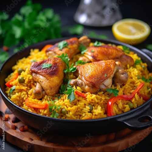 Dum chicken biriyani, close up image of Kerala-Thalassery biriyani which is mixed with masala arranged in a copper serving bowl and garnished with lemon slices placed on graphite texture. photo