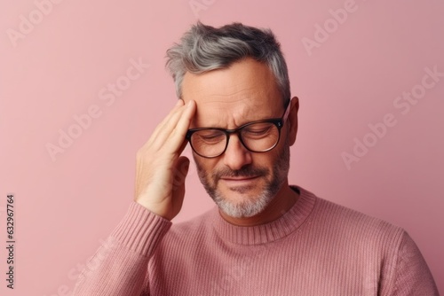 Medium shot portrait photography of a man in his 40s pressing his temple due to a migraine wearing a chic cardigan against a pastel or soft colors background 