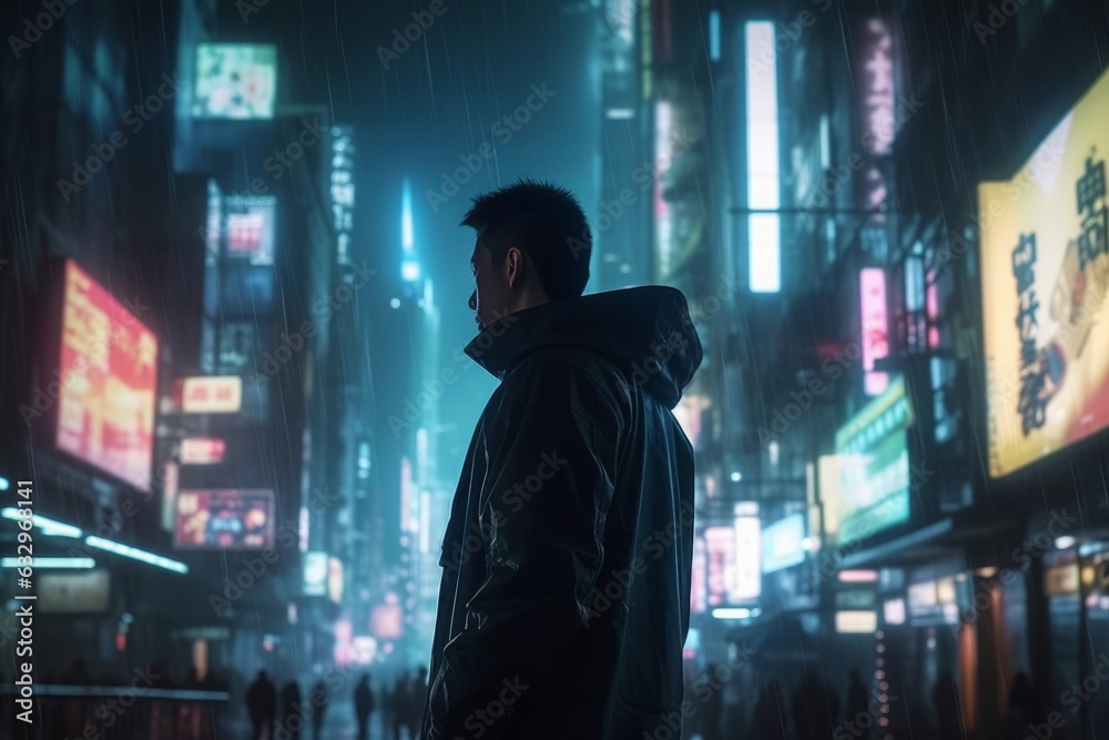 Concept art illustration of man in asian cyberpunk city at night, Generative AI Concept art illustration of man in asian cyberpunk city at night, Generative AI