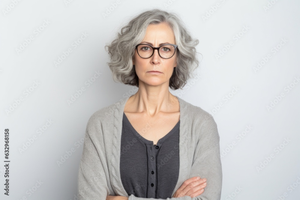 Group portrait photography of a woman in her 40s appearing weakened and pale because of anemia wearing a chic cardigan against a white background 
