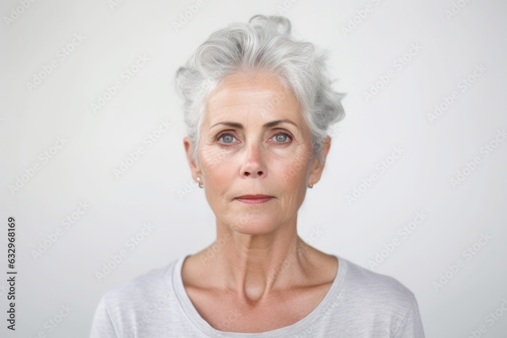 Lifestyle portrait photography of a woman in her 50s appearing weakened and pale because of anemia wearing a casual t-shirt against a white background 