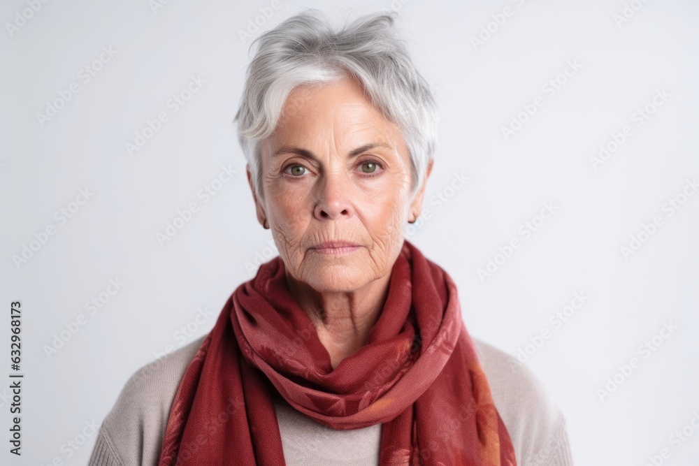 Medium shot portrait photography of a woman in her 50s appearing weakened and pale because of anemia wearing a charming scarf against a white background Medium shot portrait photography of a woman in her 50s appearing weakened and pale because of anemia wearing a charming scarf against a white background