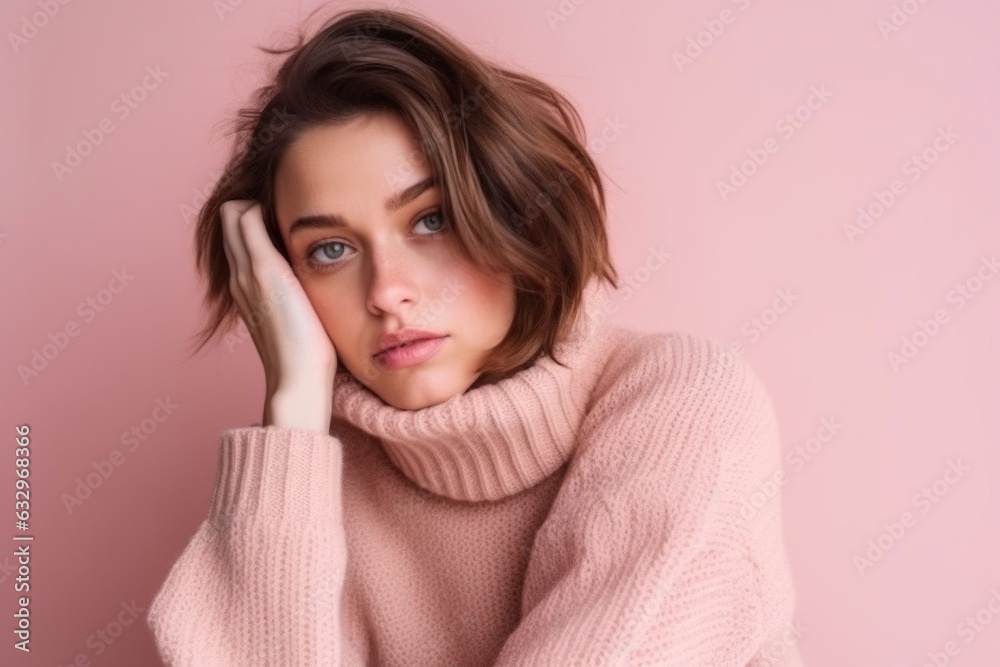 Medium shot portrait photography of a woman in her 30s appearing weakened and pale because of anemia wearing a cozy sweater against a pastel or soft colors background