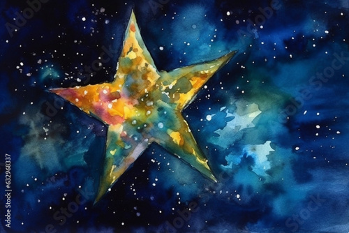 Starry night with a bright Christmas star, Watercolor Christmas backgrounds, 