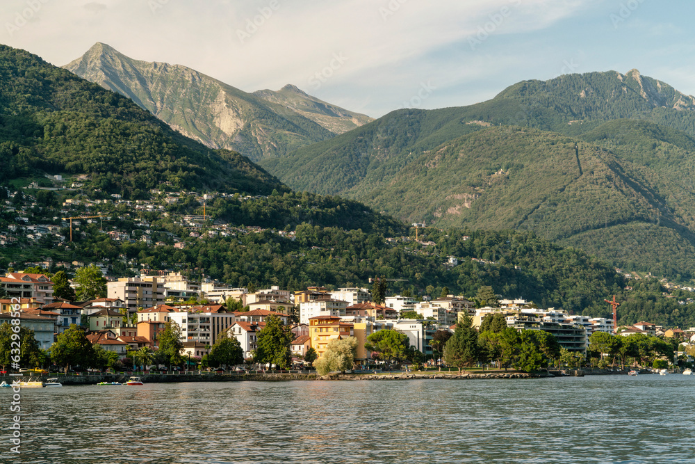 Lake Locarno late afternoon in summer by the city of Locarano, Ticino, Switzerland
