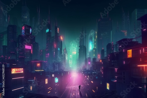 Concept art illustration of cityscape of asian cyberpunk city at night, Generative AI © FrameFlow