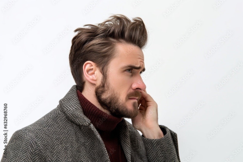 Medium shot portrait photography of a man in his 20s cupping his ear in pain due to an ear infection wearing a chic cardigan against a white background Medium shot portrait photography of a man in his 20s cupping his ear in pain due to an ear infection wearing a chic cardigan against a white background